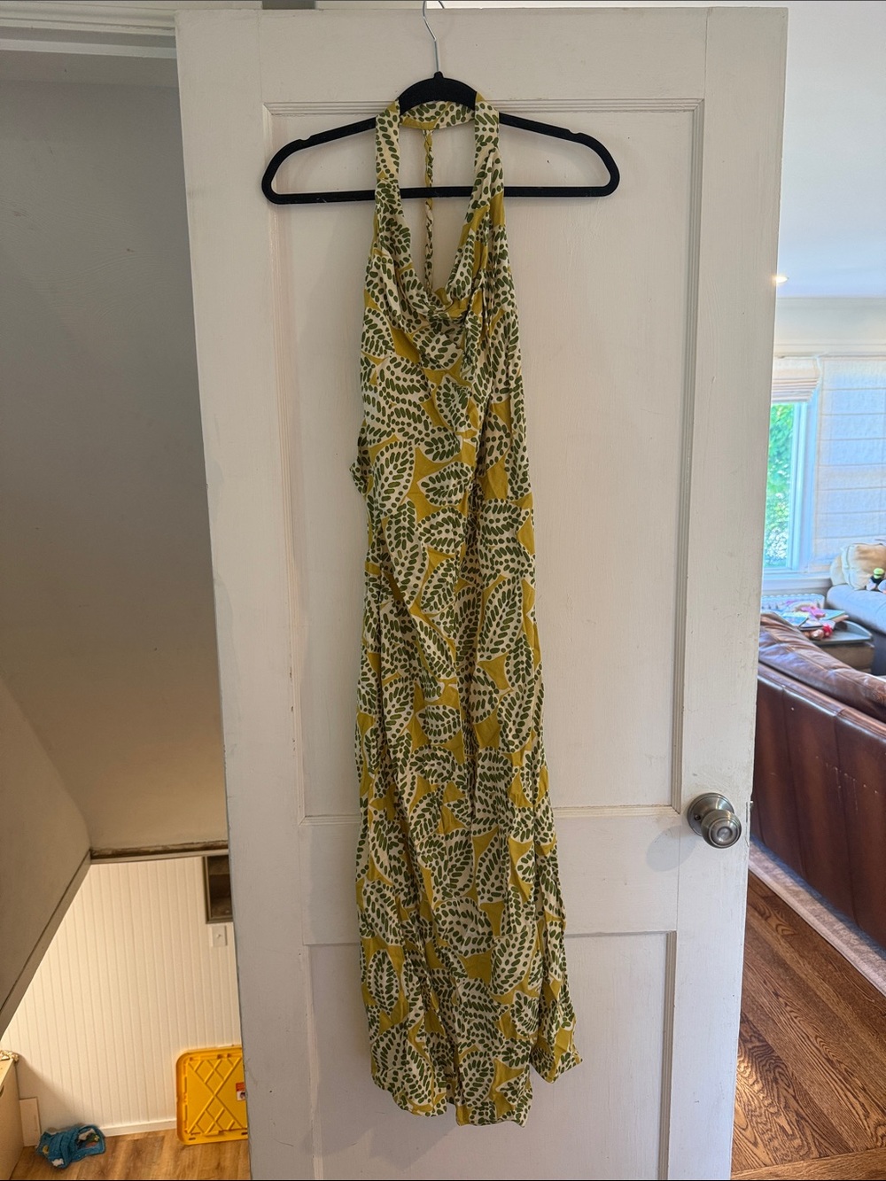 Zara Yellow and Green Leaf-Print Halter Midi Dress